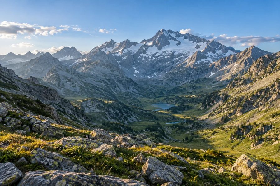 KI-generierte Illustration eines felsigen Pyrenäentals mit Bergsee im Aigüestortes-Nationalpark.