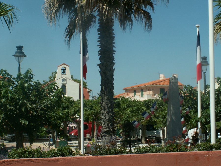 Kirche und Palmen auf einem Ortsplatz in den Pyrénées-Orientales