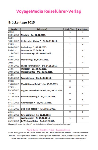 Übersicht Brückentage 2015